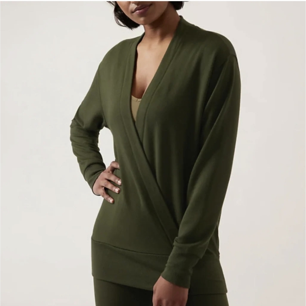 Athleta Aspen Olive Purana V Neck Wrap Olive Sweatshirt Sweater